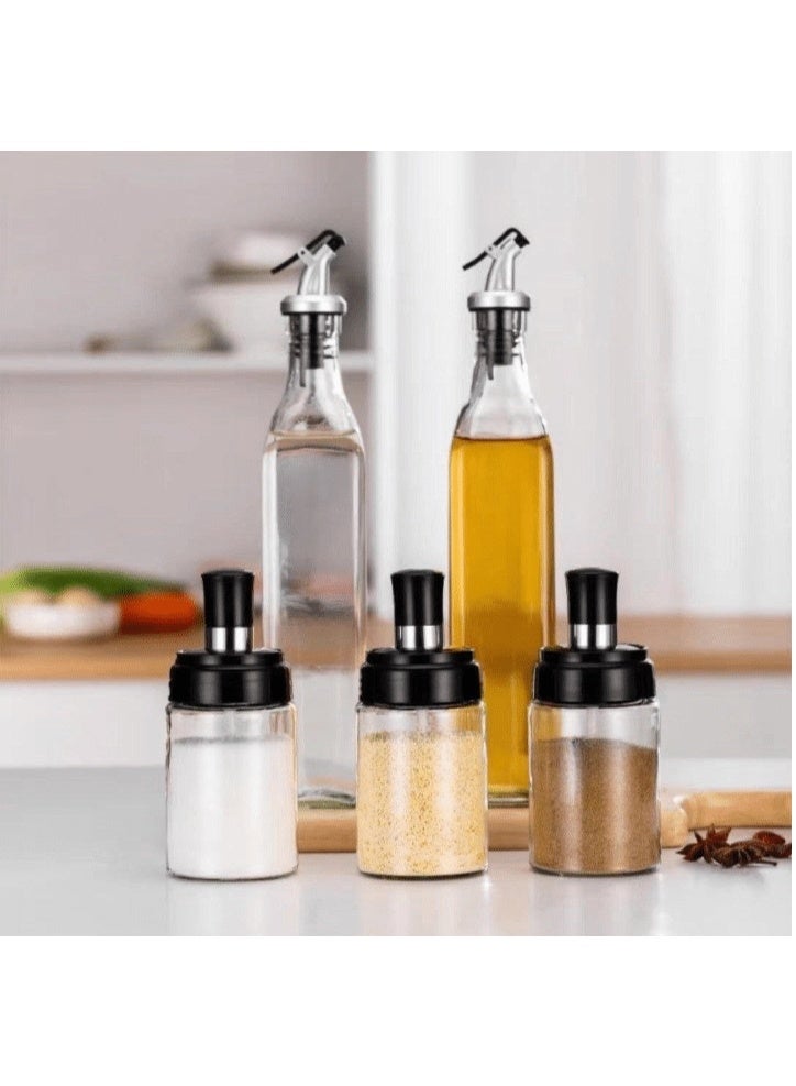 RR BRAND Set of 2 Oil & Vinegar Bottles (500 ml) and 3 Glass Spice Jars with Spoons – Clear Kitchen Storage Set - Image 1